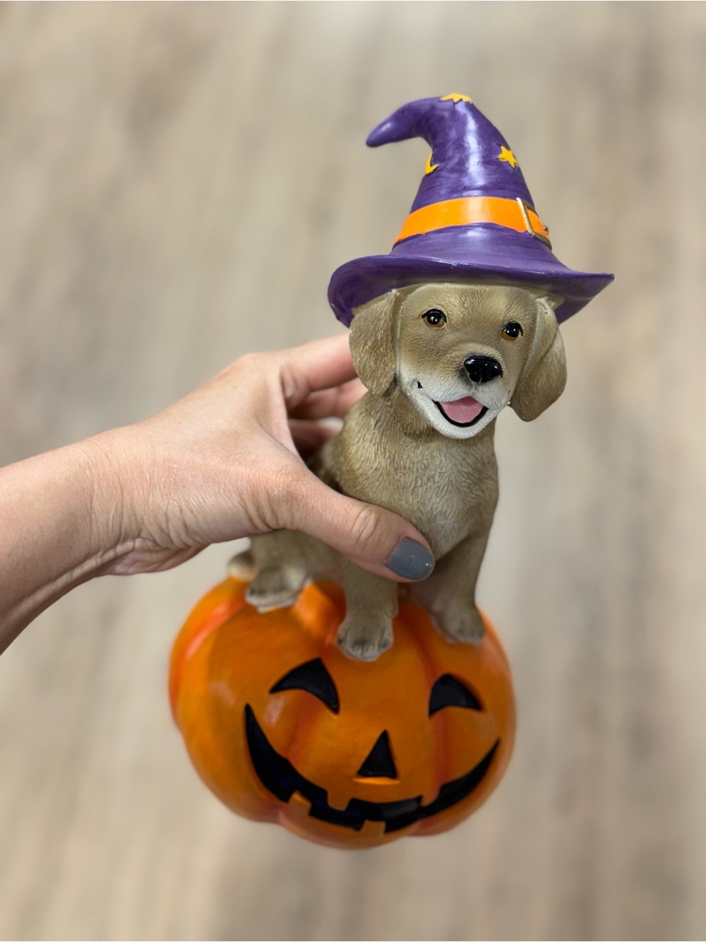 Halloween Puppy Figurine with Purple Witch Hat and Orange Pumpkin